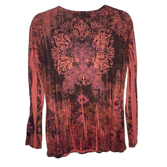 ENERGE WORLD WEAR Top Rhinestone Long Sleeve Hippie Boho Womens M Maroon Purple - Picture 2 of 10